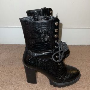 Heeled lace up crocodile booties